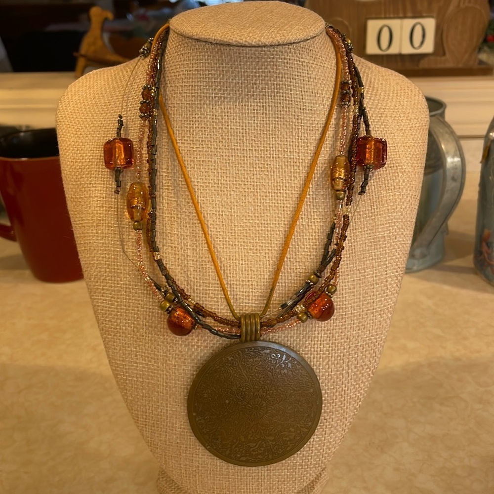 Necklace, Glass beads, Corded Statement Necklace with pewter medallion